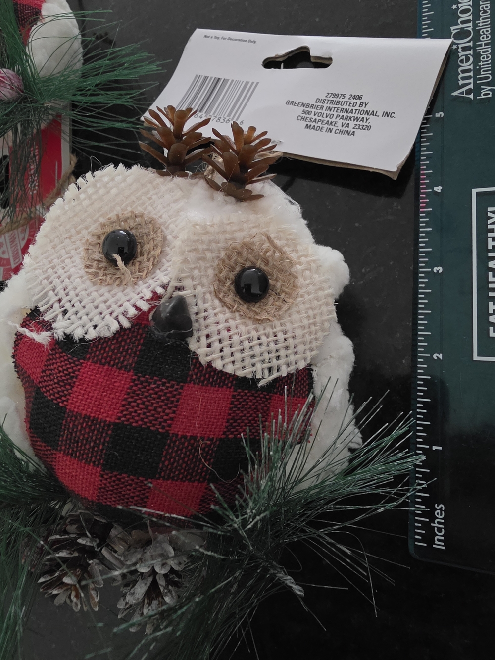 Holiday Decorative Owl Ornaments - White, Gold & Red Plaid - - Picture 6 of 6